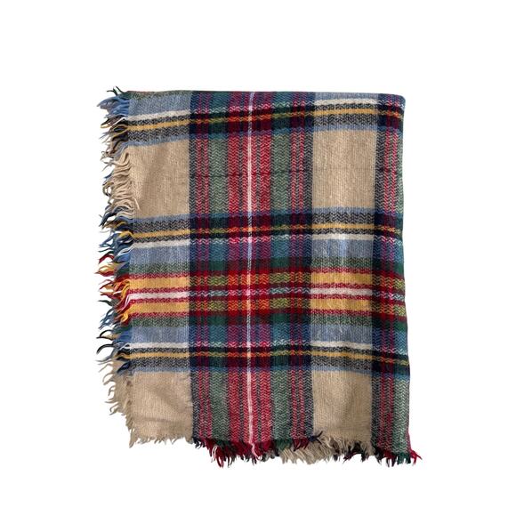 Cream Red Yellow Colorful Plaid Blanket Scarf One Size - Picture 1 of 2